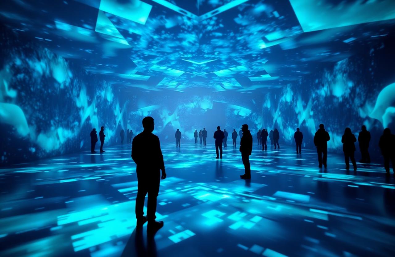 Visitors exploring a projection-mapped immersive room in blue light