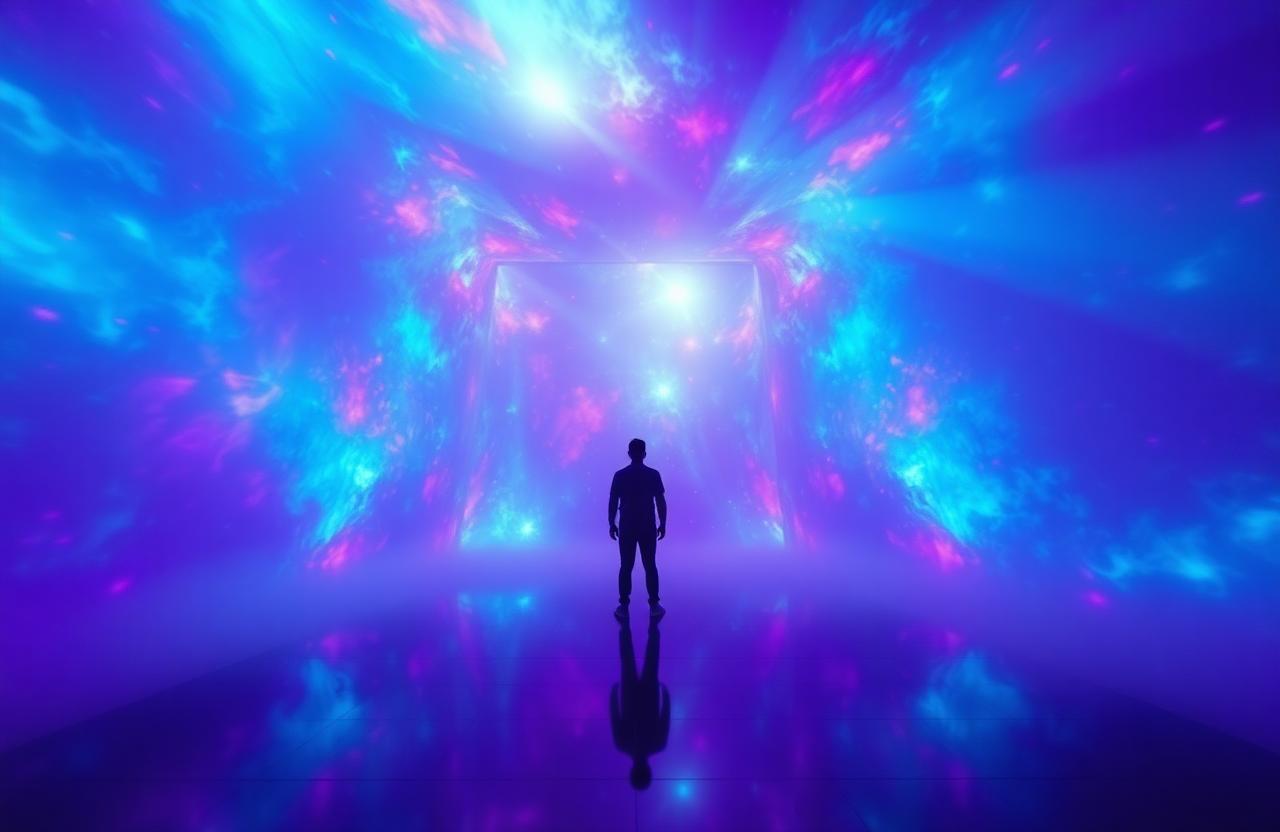 A person standing inside a glowing magenta and violet light portal installation
